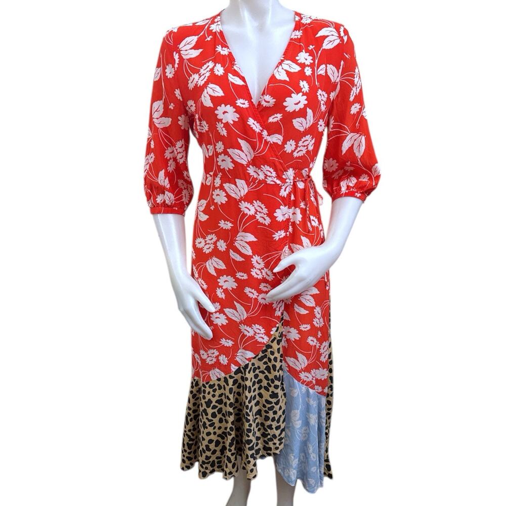Rixo Londo Noleen  Silk Coral Red Leopard Floral Print Patchwork Wrap Dress M